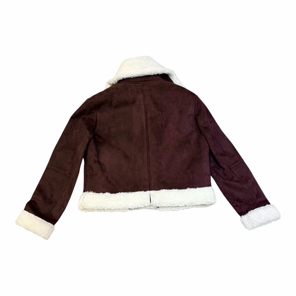 NEW JustFab Dark Brown Faux Suede Moto Sherpa Lined Aviator Jacket Size Medium - Picture 4 of 10
